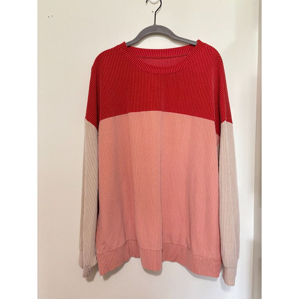 Colorblock Ribbed Knit Sweater XL Pink Red Cream Soft Stretch Pullover